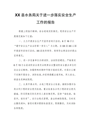 XX县水务局关于进一步落实安全生产工作的报告.docx