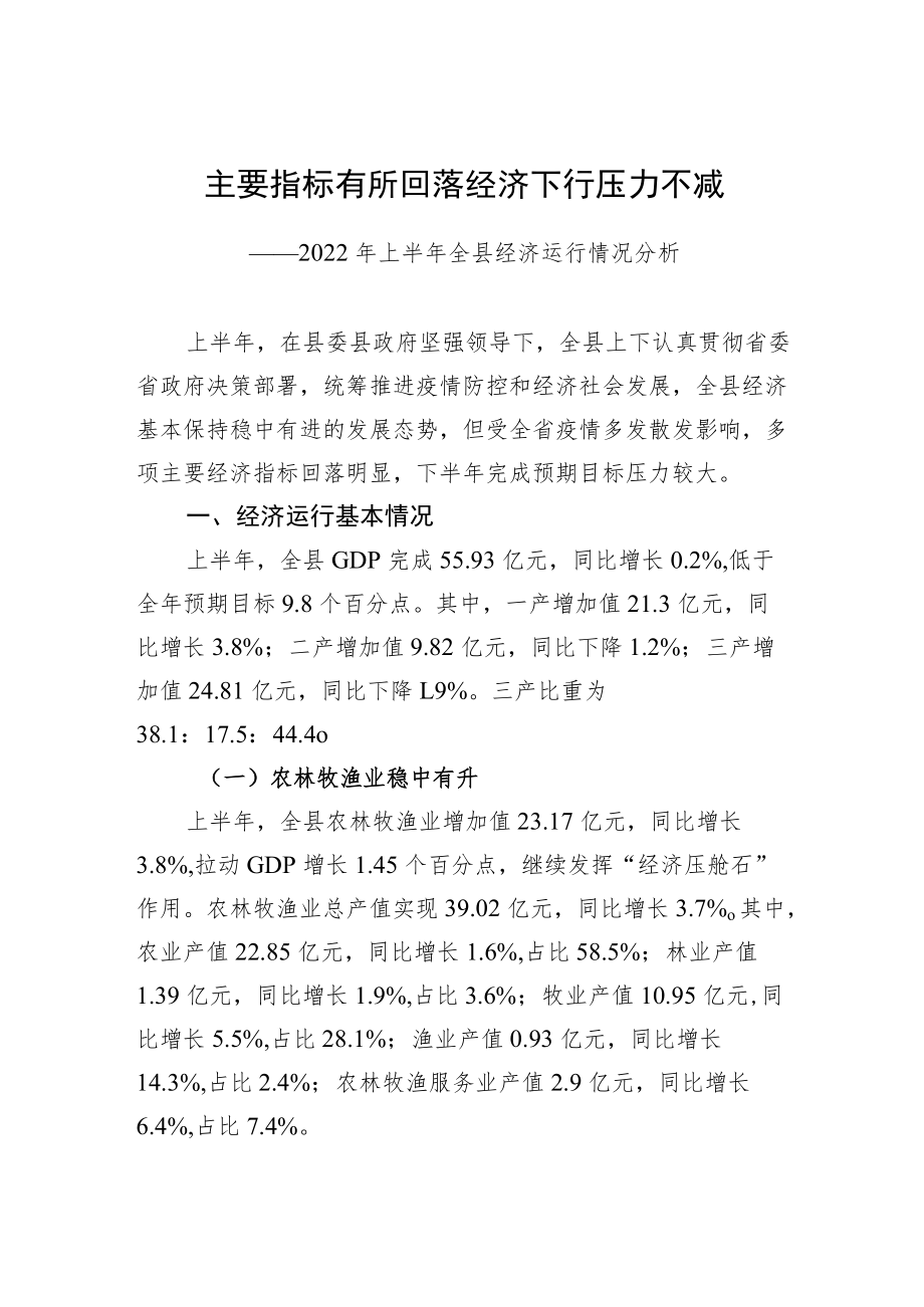 主要指标有所回落经济下行压力不减——2022上半全县经济运行情况分析.docx_第1页