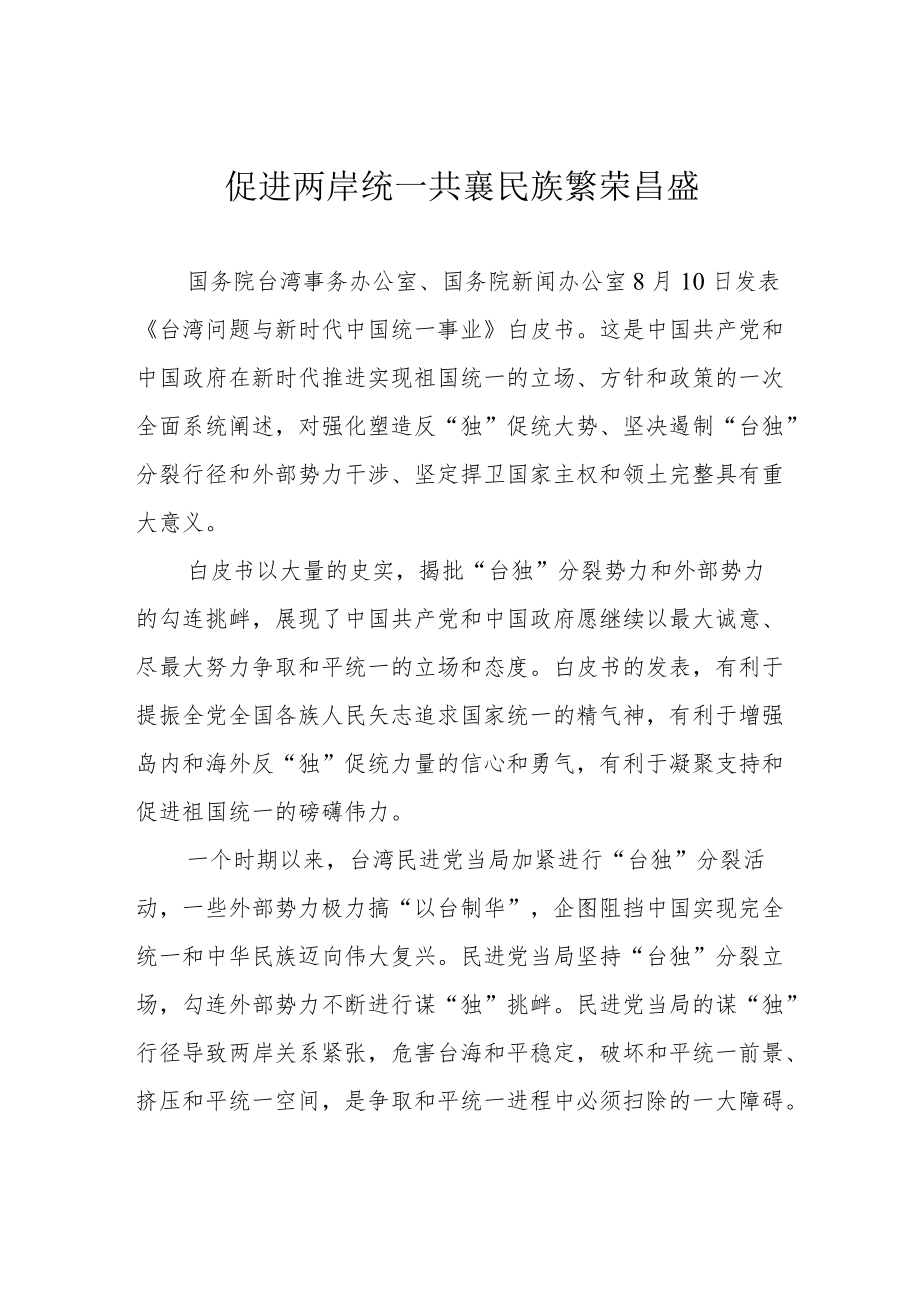 促进两岸统一 共襄民族繁荣昌盛.docx_第1页