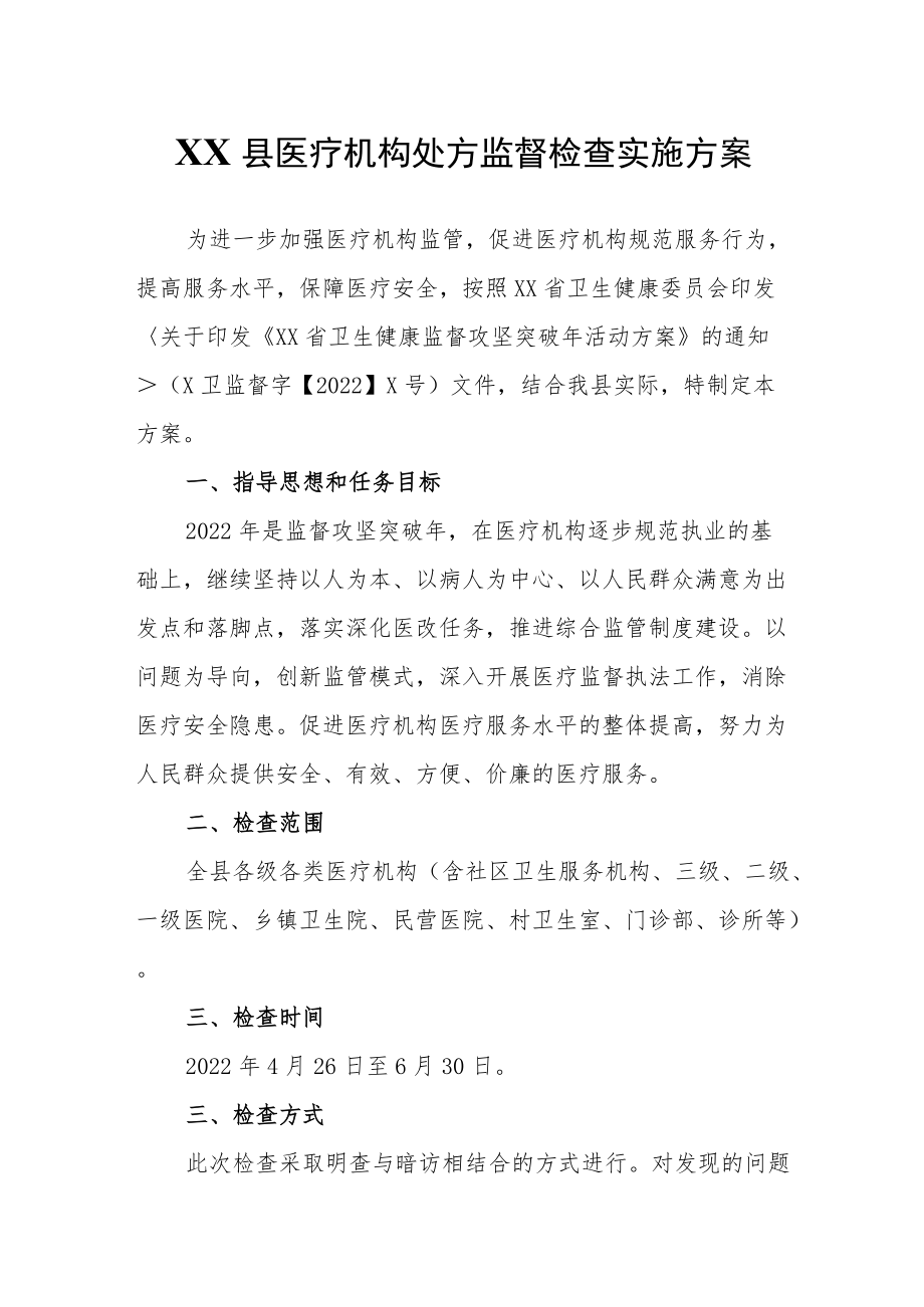 XX县医疗机构处方监督检查实施方案.docx_第1页