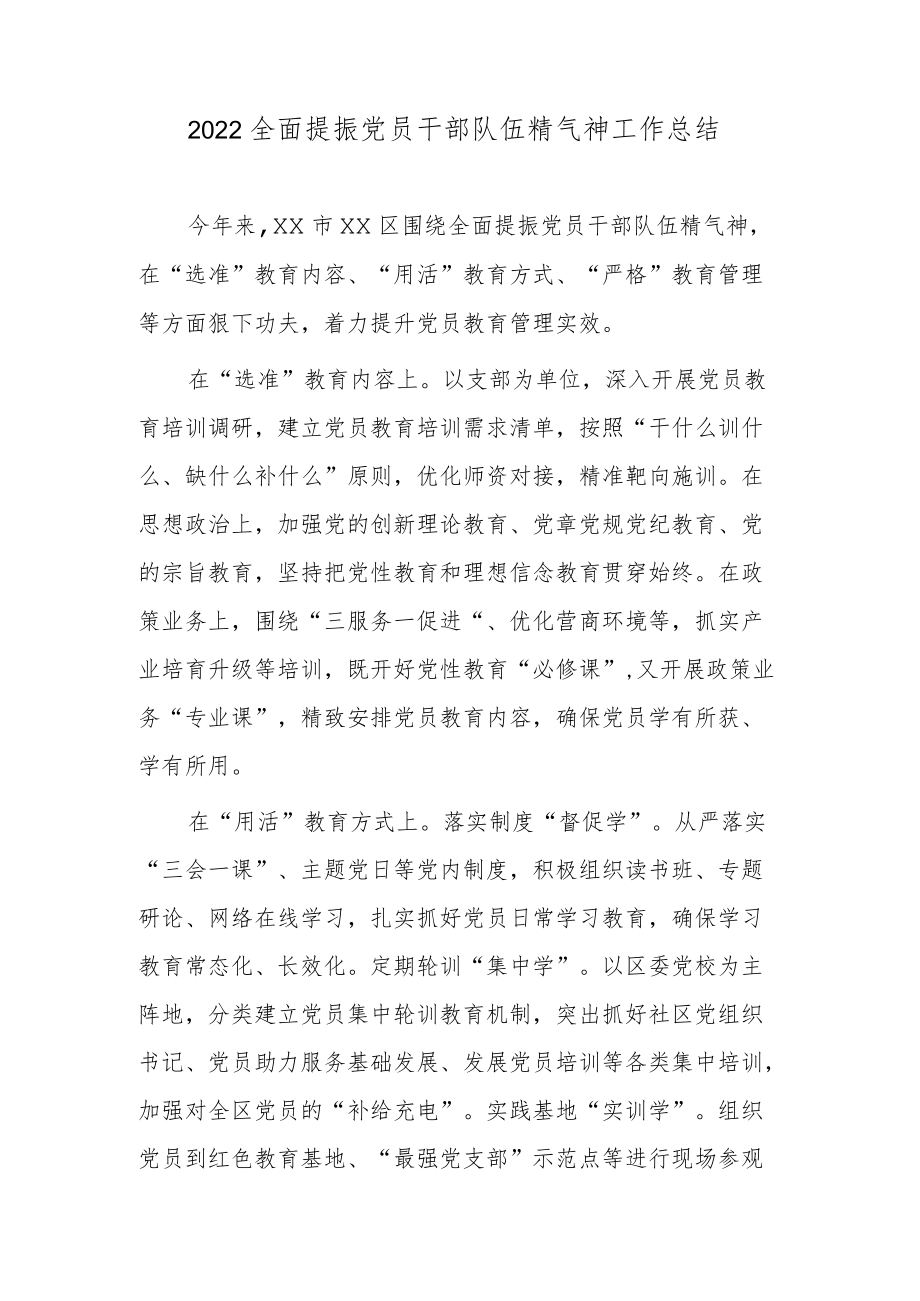 2022全面提振党员干部队伍精气神工作总结.docx_第1页