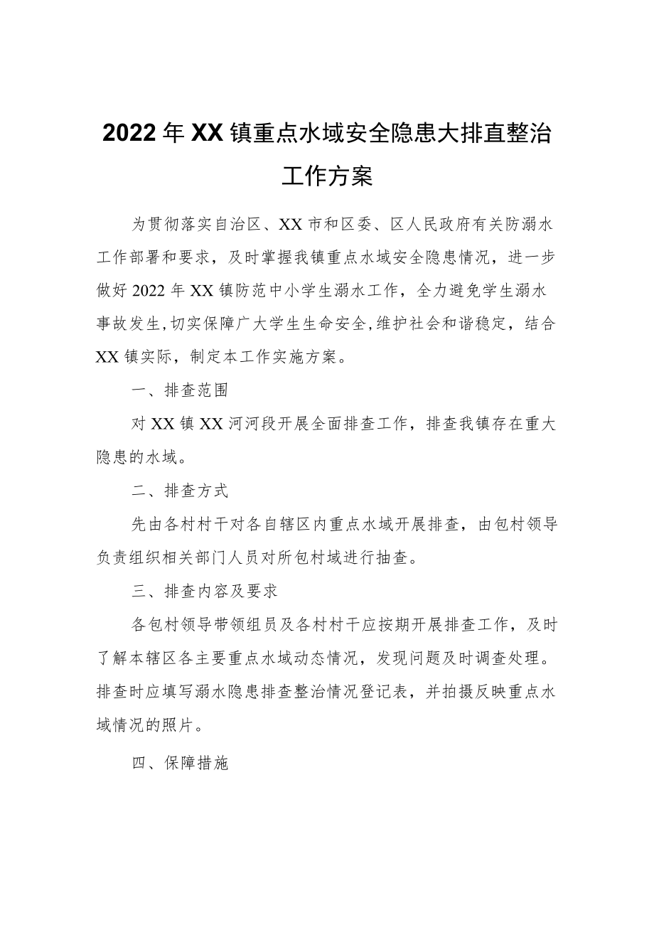 2022XX镇重点水域安全隐患大排查整治工作方案.docx_第1页