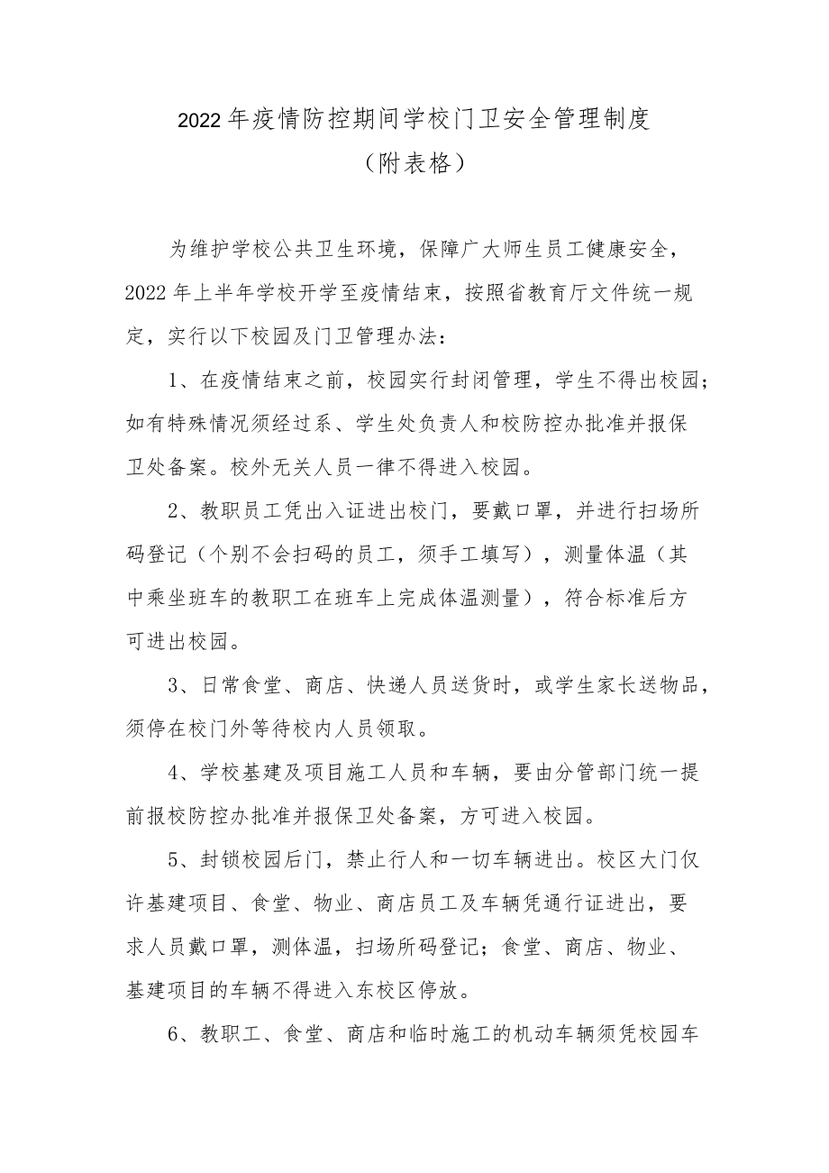 2022疫情防控期间学校门卫安全管理制度（附表格）.docx_第1页