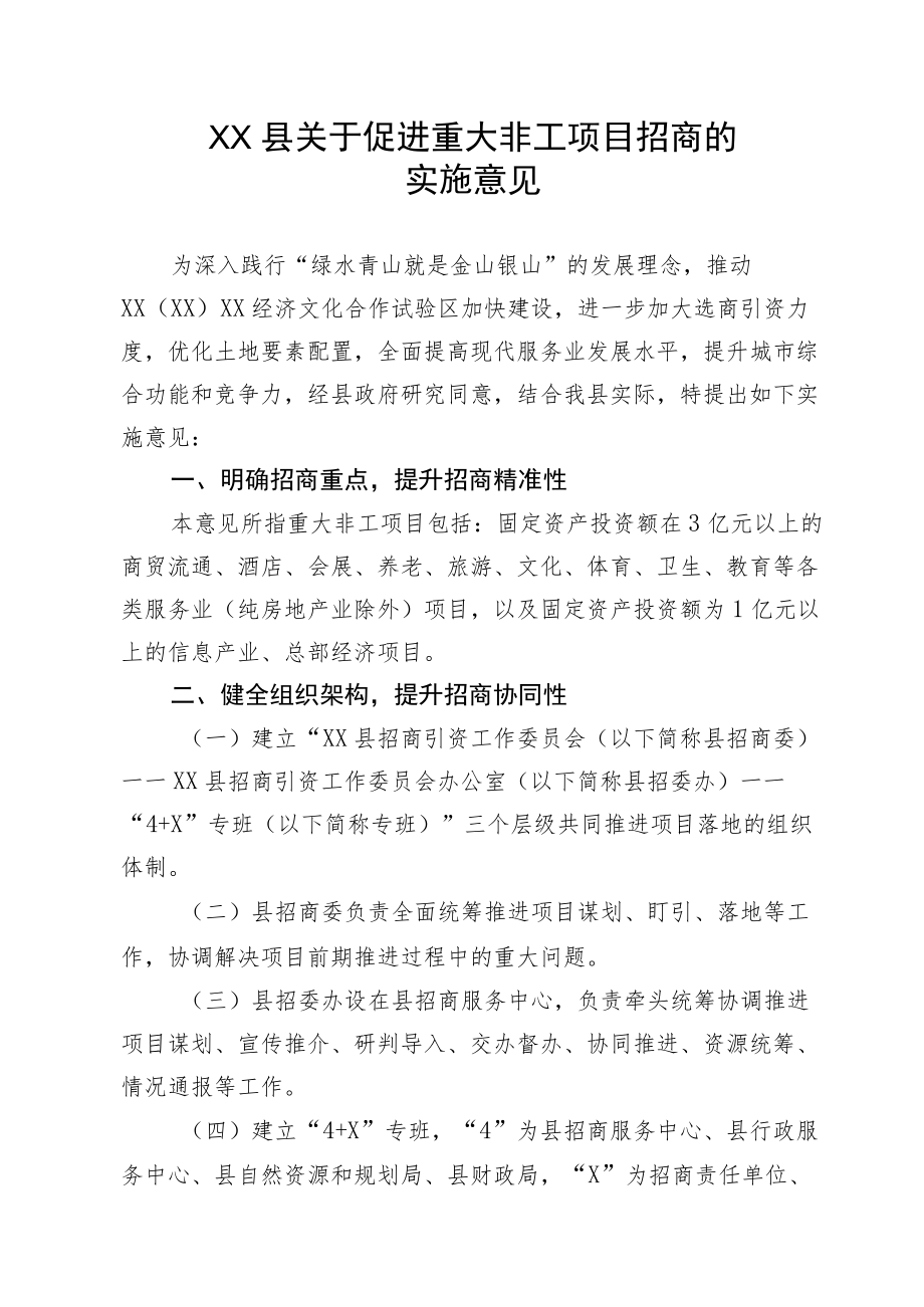 XX县关于促进重大非工项目招商的实施意见.docx_第1页