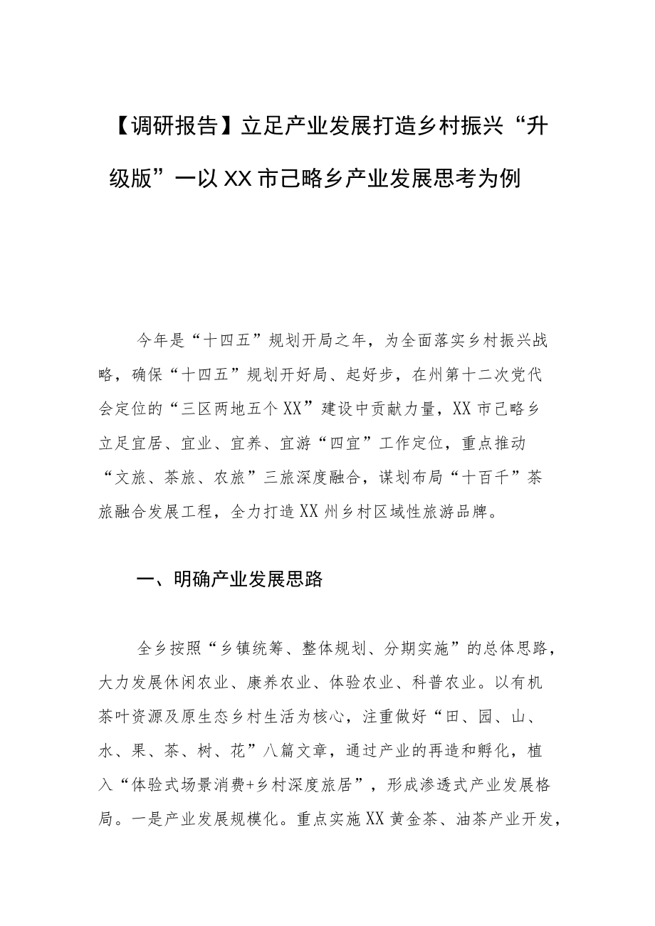 【调研报告】立足产业发展打造乡村振兴“升级版”—以XX市己略乡产业发展思考为例.docx_第1页