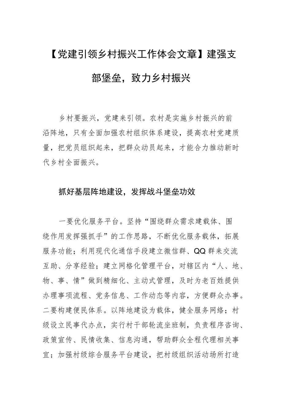 【党建引领乡村振兴工作体会文章】建强支部堡垒致力乡村振兴.docx_第1页