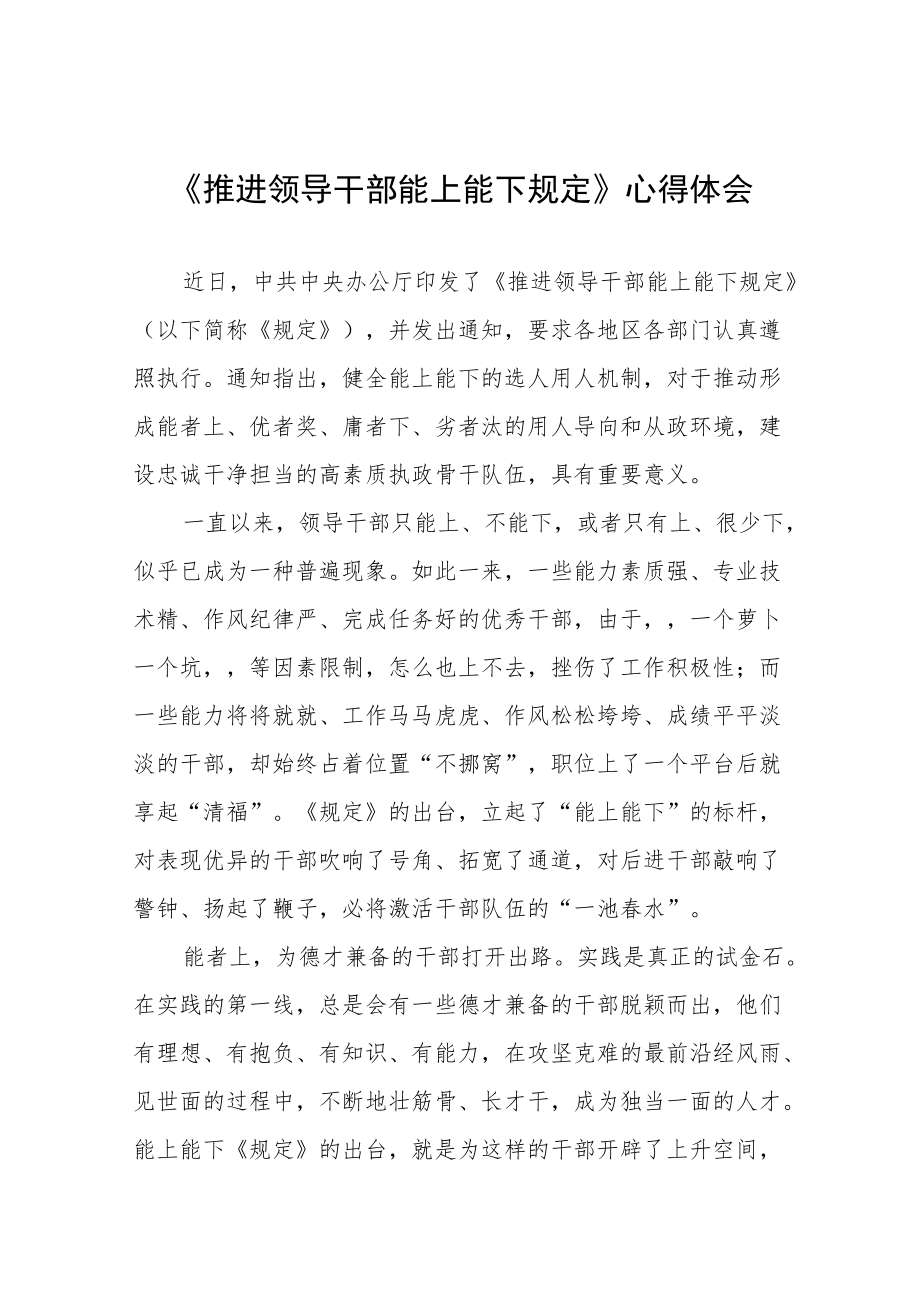 《推进领导干部能上能下规定》心得体会范文汇编.docx_第1页