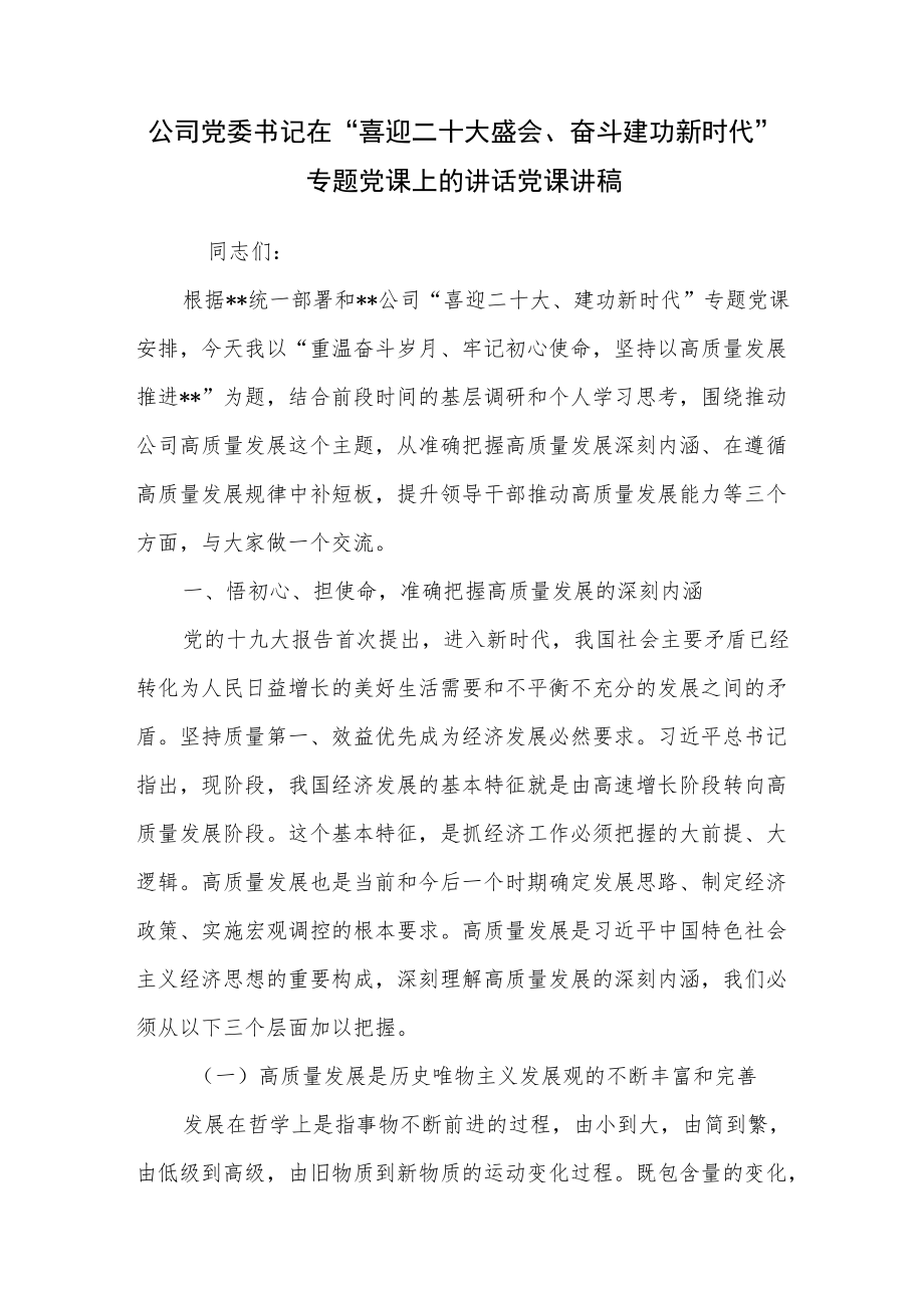 公司党委书记在“喜迎二十大盛会、奋斗建功新时代”专题党课上的讲话党课讲稿.docx_第1页