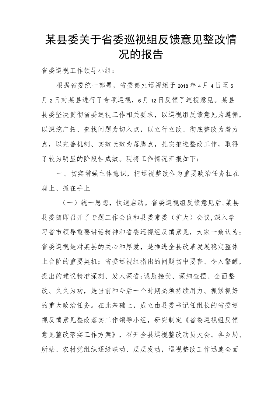 某县委关于省委巡视组反馈意见整改情况的报告.docx_第1页