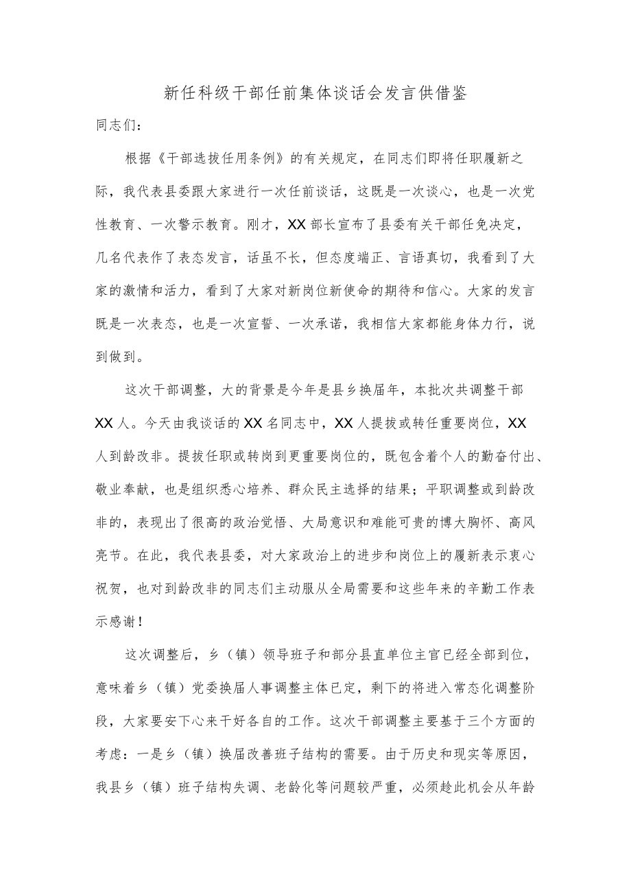 新任科级干部任前集体谈话会发言供借鉴.docx_第1页