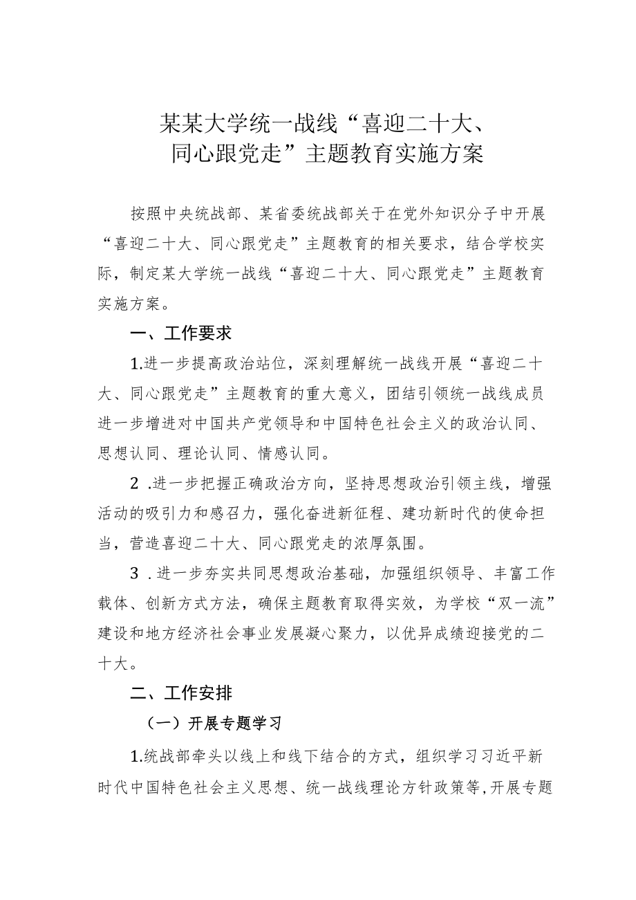 某某大学统一战线“喜迎二十大、同心跟党走”主题教育实施方案.docx_第1页