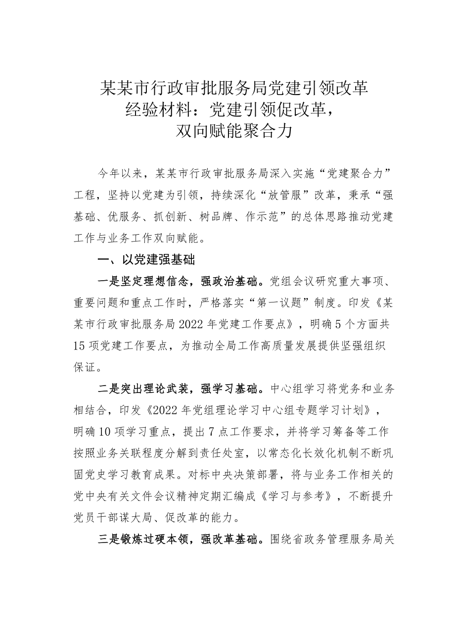 某某市行政审批服务局党建引领改革经验材料：党建引领促改革双向赋能聚合力.docx_第1页