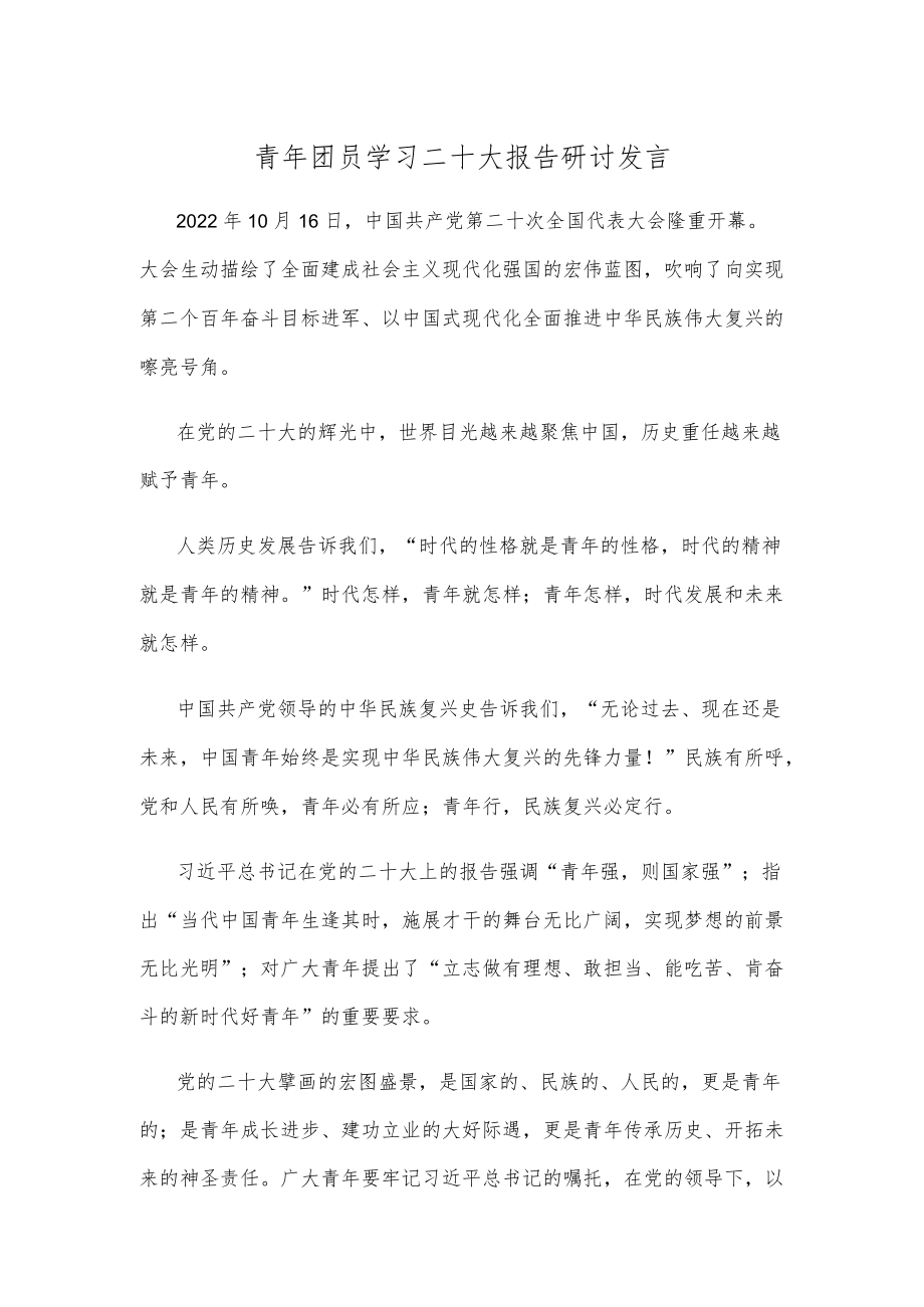 青年团员学习二十大报告研讨发言.docx_第1页