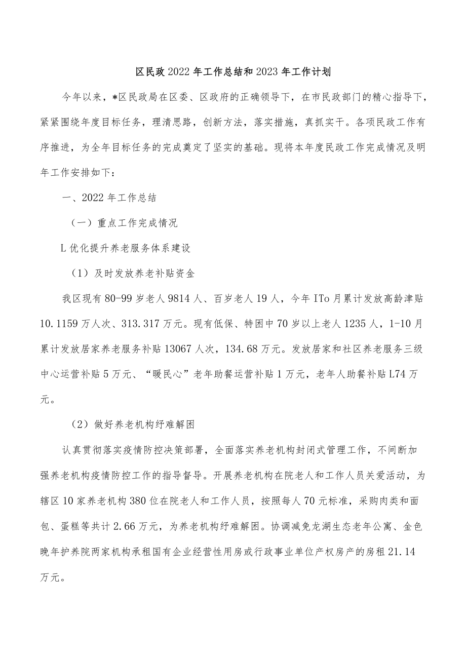 区民政2022年工作总结和2023年工作计划.docx_第1页