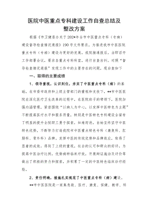 医院中医重点专科建设工作自查总结及整改方案.docx