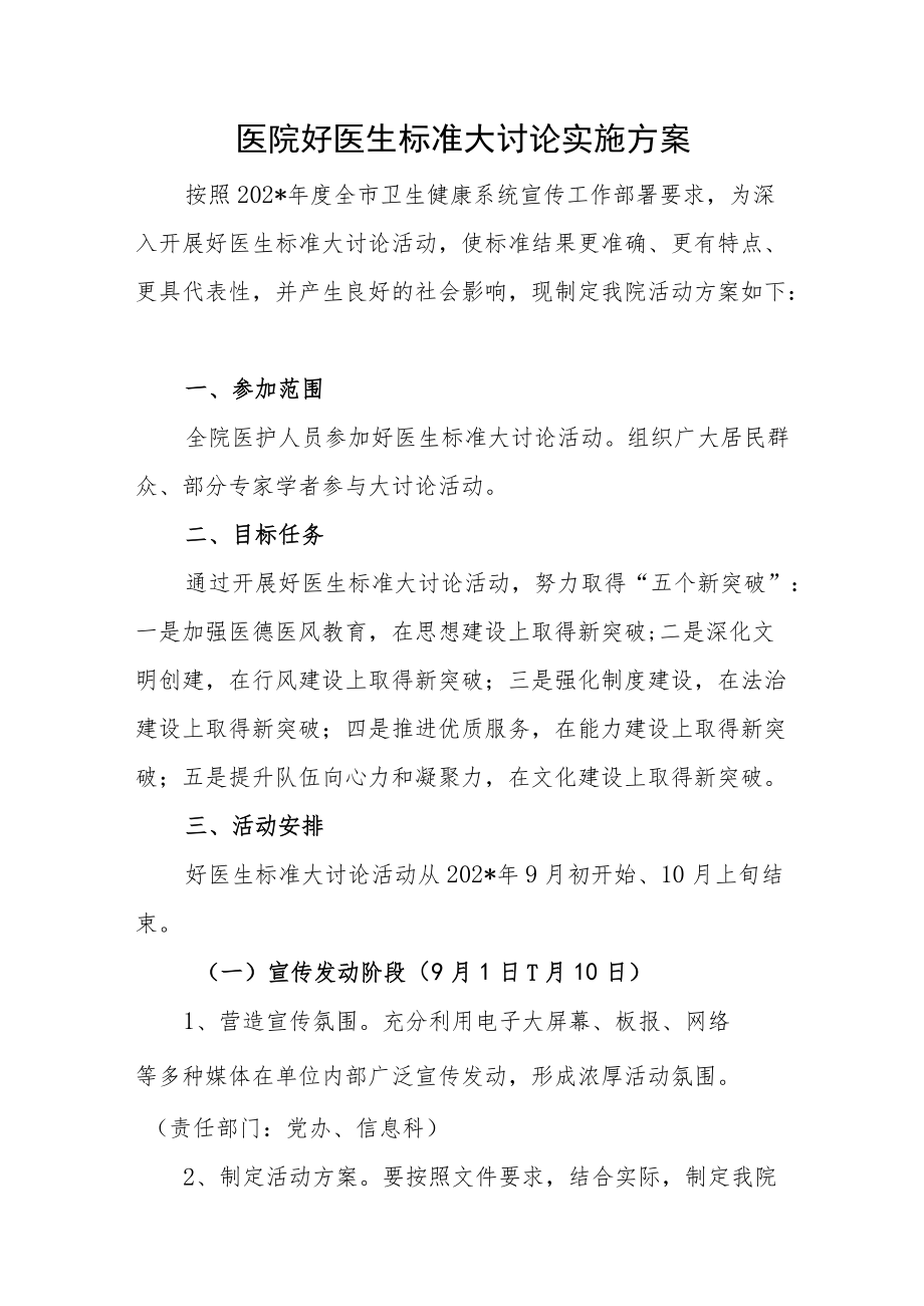 医院好医生标准大讨论实施方案.docx_第1页