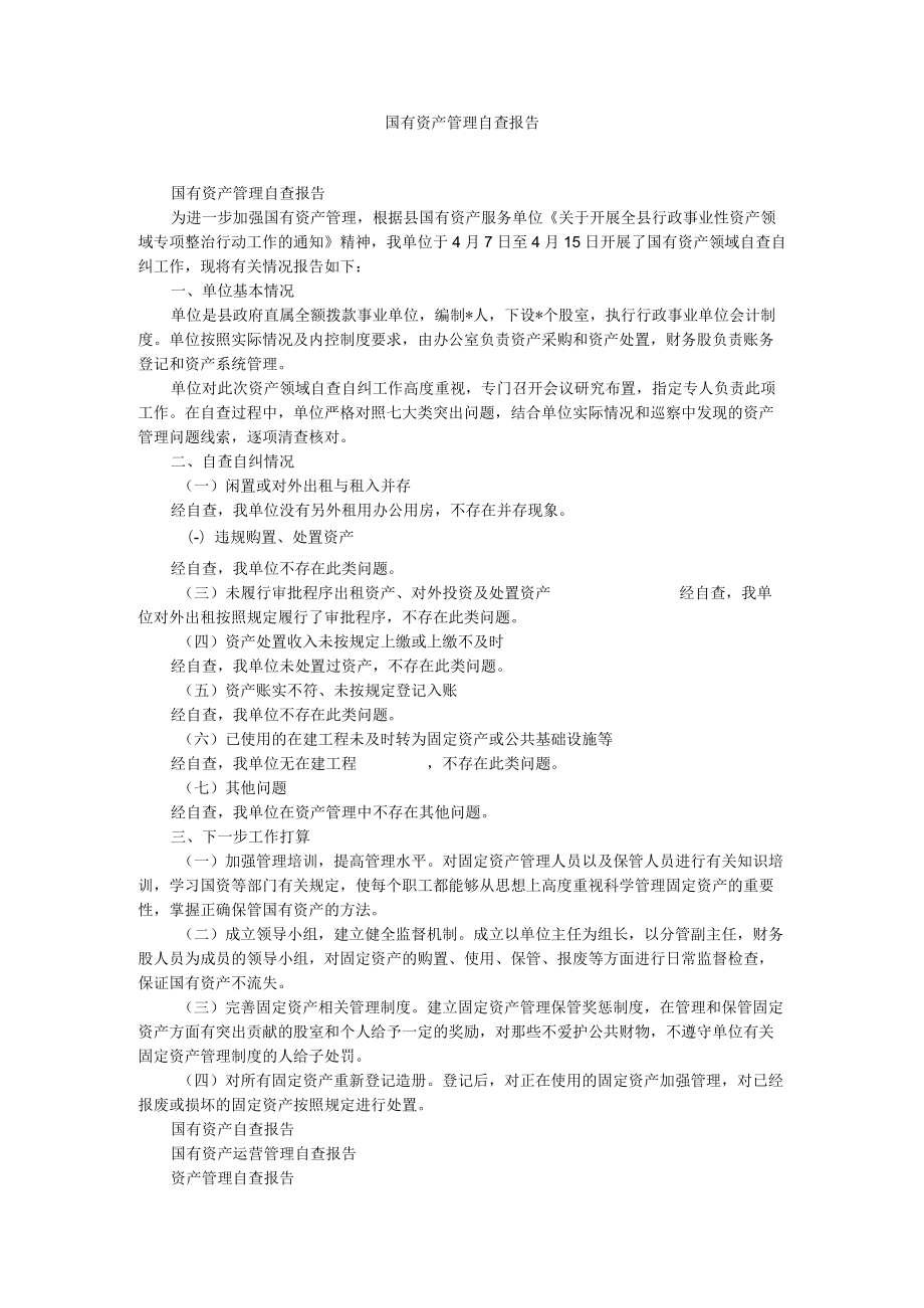 国有资产管理自查报告.docx_第1页