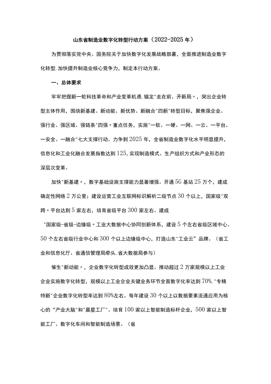 山东省制造业数字化转型行动方案（2022-2025年）-全文及解读.docx_第1页