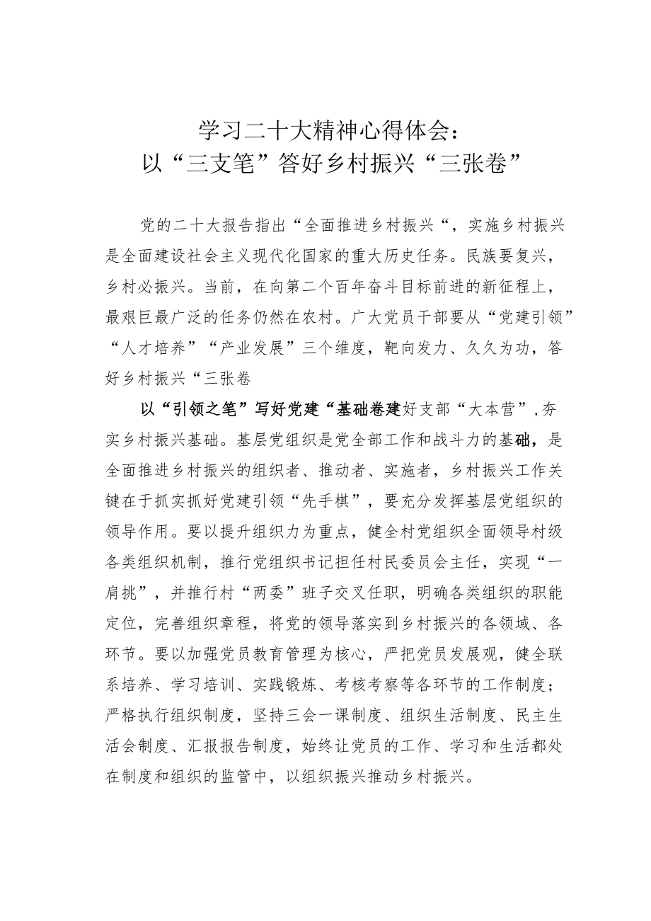 学习二十大精神心得体会：以“三支笔”答好乡村振兴“三张卷”.docx_第1页