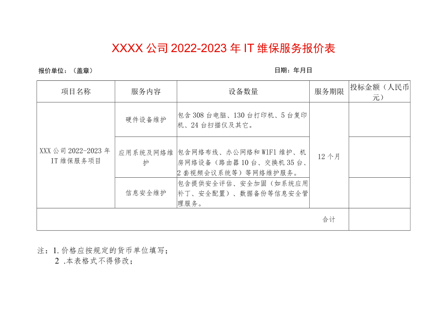 年度IT维保服务报价表模板.docx_第1页