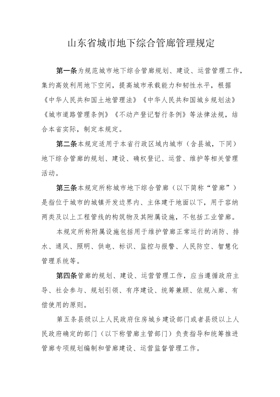 山东省城市地下综合管廊管理规定.docx_第1页