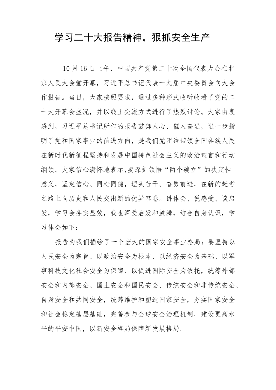 学习二十大报告精神狠抓安全生产.docx_第1页