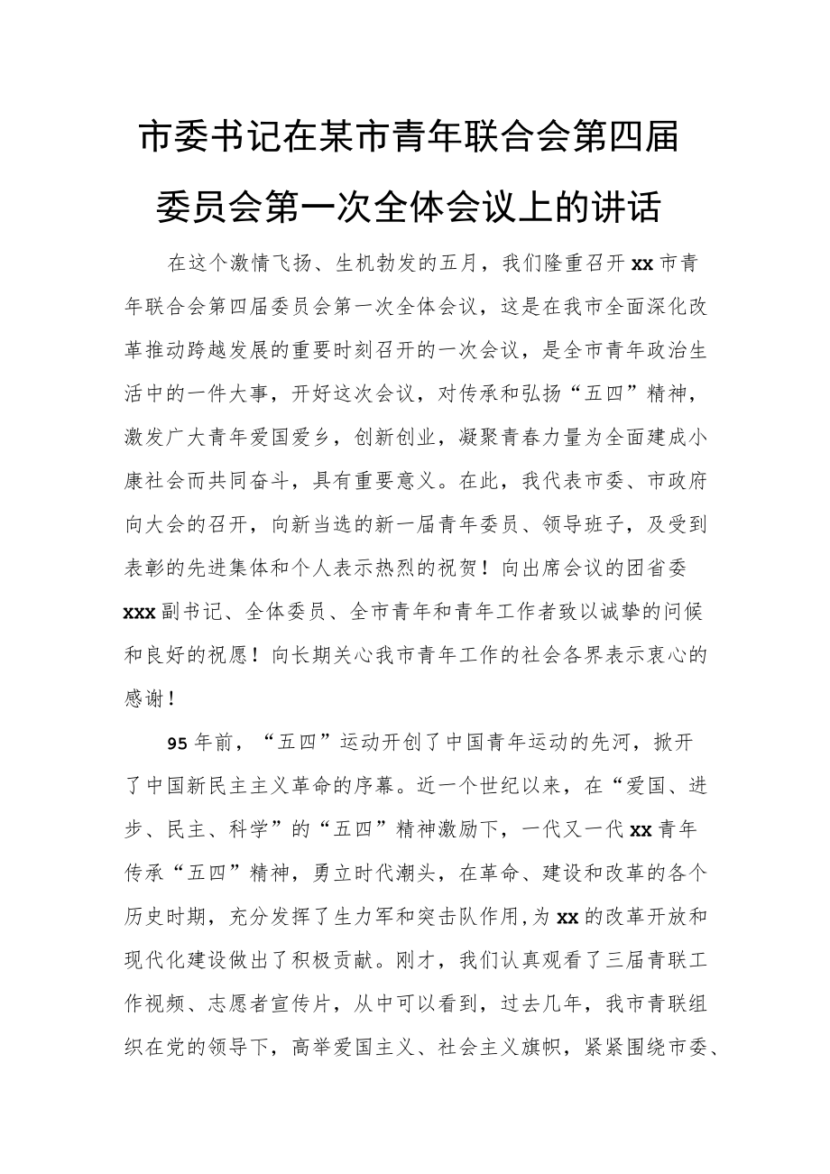 市委书记在某市青年联合会第四届委员会第一次全体会议上的讲话.docx_第1页