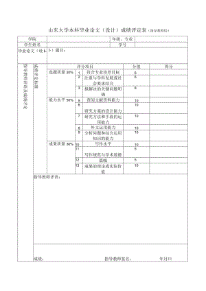 山东大学本科毕业论文（设计）成绩评定表（指导教师用）.docx