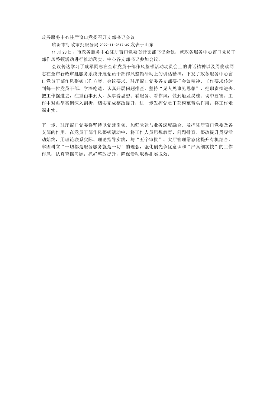 政务服务中心驻厅窗口党委召开支部书记会议.docx_第1页