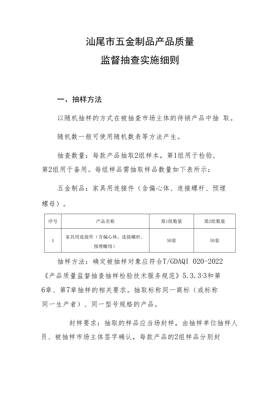 汕尾市五金制品产品质量监督抽查实施细则.docx_第1页