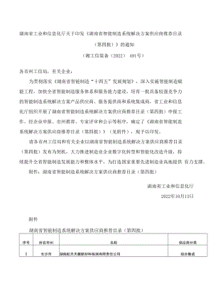 湖南省工业和信息化厅关于印发《湖南省智能制造系统解决方案供应商推荐目录(第四批)》的通知.docx