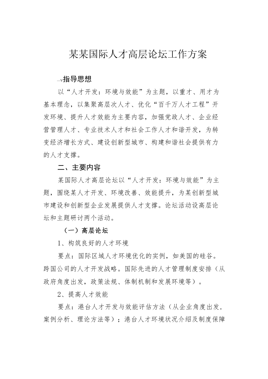 某某国际人才高层论坛工作方案.docx_第1页