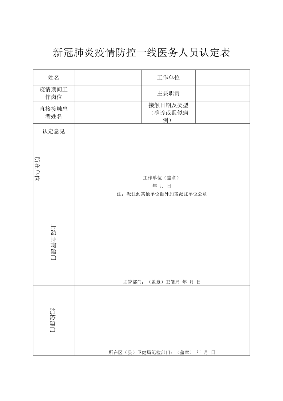 新冠肺炎疫情防控一线医务人员认定表.docx_第1页