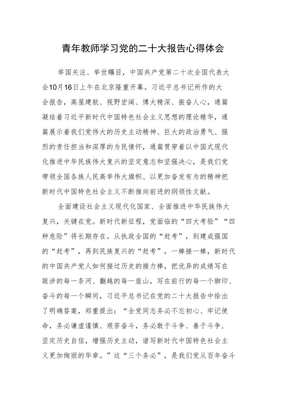 青年教师学习党的第二十次代表大会报告心得体会.docx_第1页