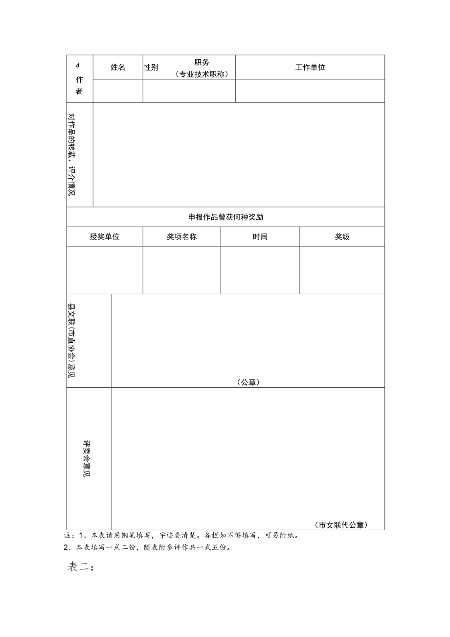 表一第四届安庆市文学艺术奖文学类作品申报表.docx_第2页