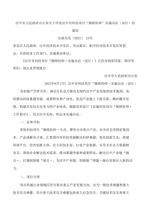 汉中市人民政府办公室关于印发汉中市科技项目“揭榜挂帅”实施办法(试行)的通知.docx