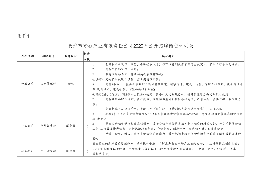 长沙市砂石产业有限责任公司2020年公开招聘岗位计划表.docx_第1页