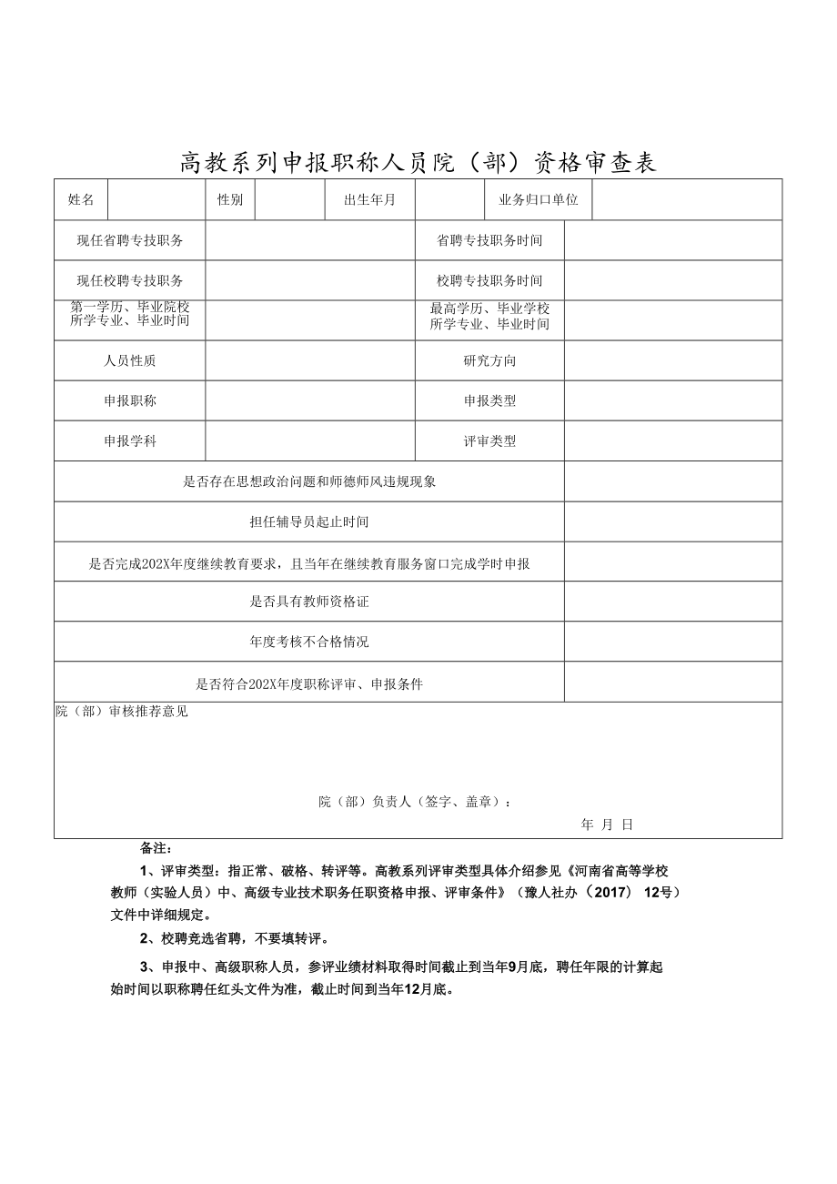 高教系列申报职称人员院（部）资格审查表（河南省2021年）.docx_第1页