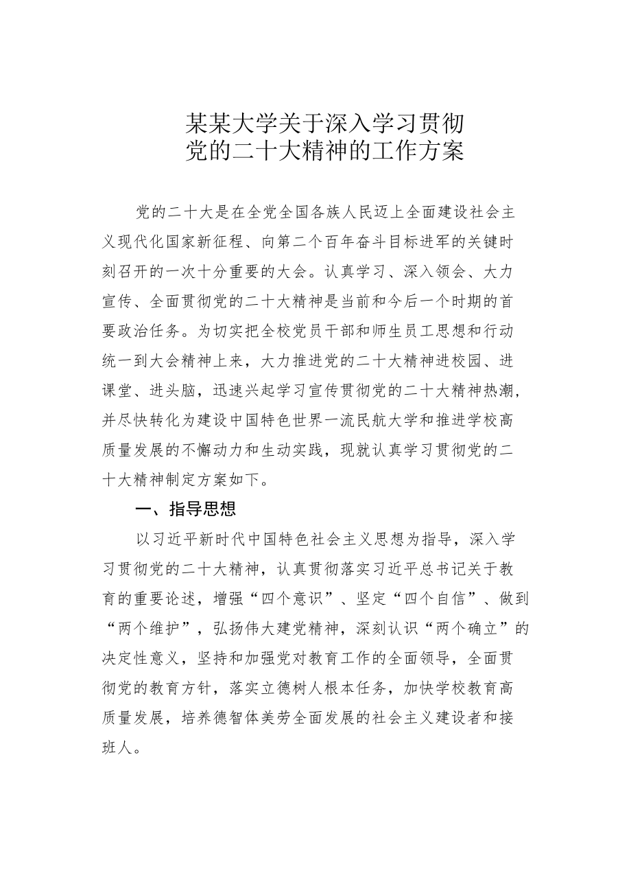 某某大学关于深入学习贯彻党的二十大精神的工作方案.docx_第1页