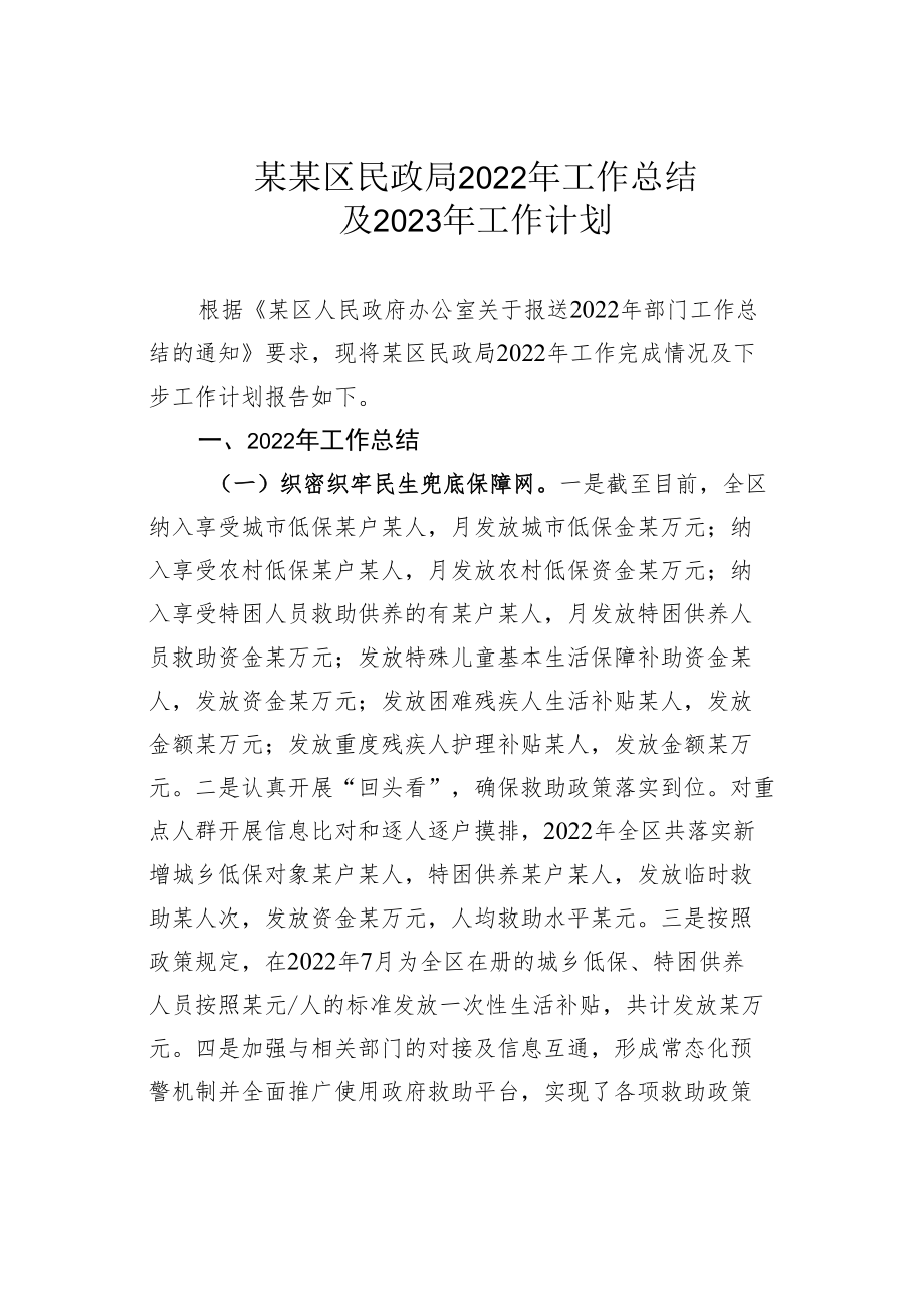 某某区民政局2022年工作总结及2023年工作计划.docx_第1页