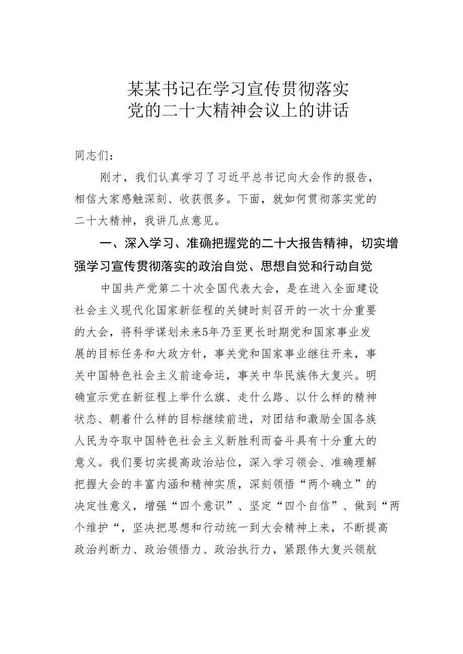 某某书记在学习宣传贯彻落实党的二十大精神会议上的讲话.docx_第1页