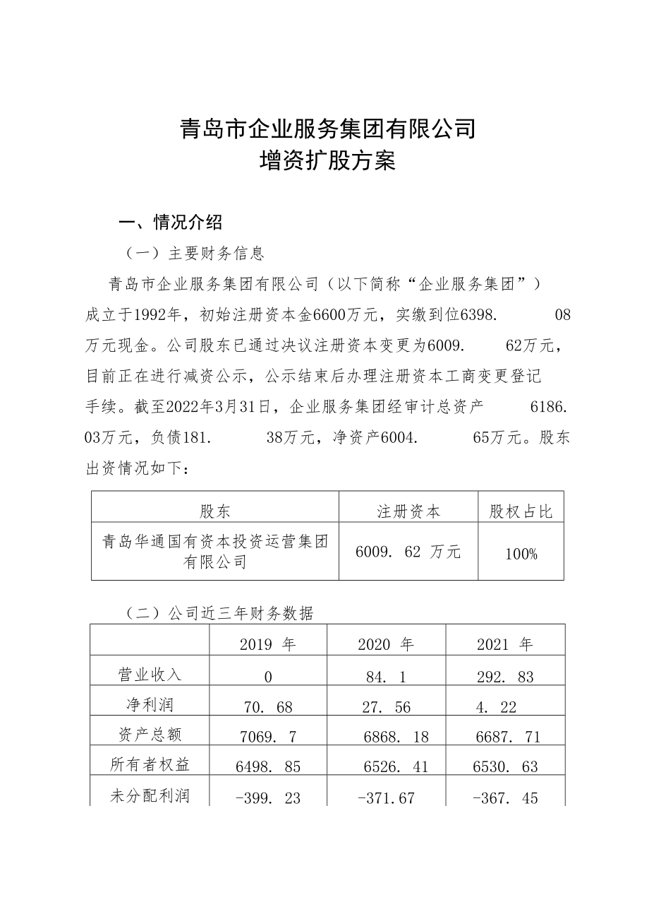 青岛市企业服务集团有限公司增资扩股方案.docx_第1页