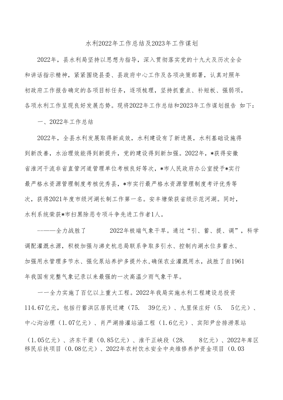 水利2022年工作总结及2023年工作谋划.docx_第1页