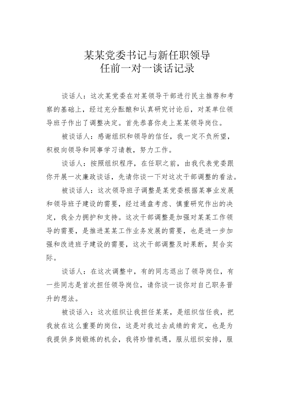 某某党委书记与新任职领导任前一对一谈话记录.docx_第1页