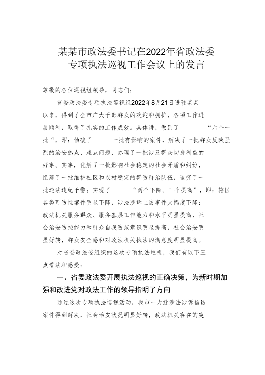 某某市政法委书记在2022年省政法委专项执法巡视工作会议上的发言.docx_第1页