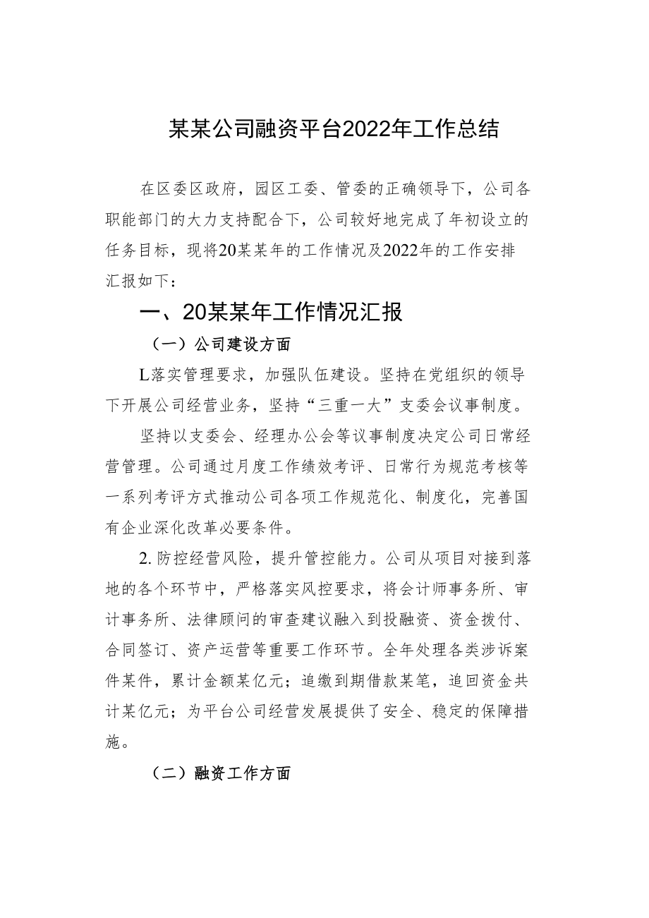 某某公司融资平台2022年工作总结.docx_第1页