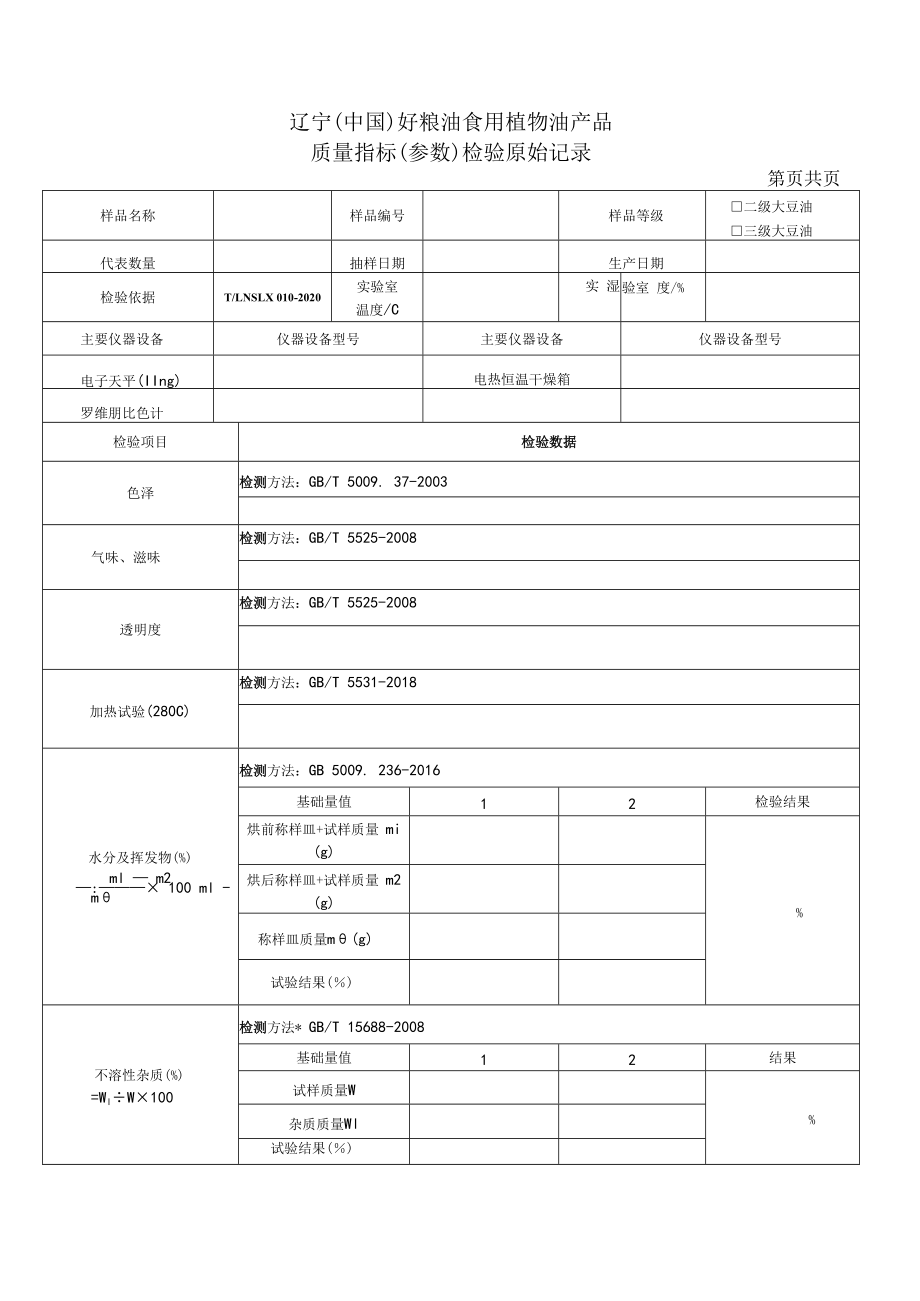 辽宁中国好粮油食用植物油产品质量指标参数检验原始记录.docx_第1页