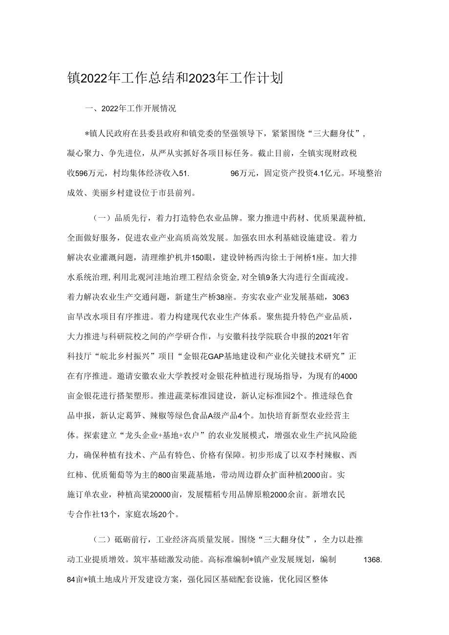 镇2022年工作总结和2023年工作计划(4).docx_第1页