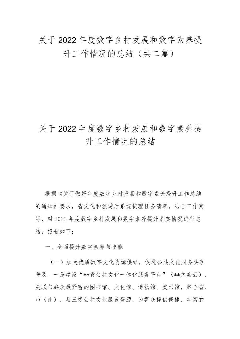 关于2022年度数字乡村发展和数字素养提升工作情况的总结(共二篇).docx_第1页