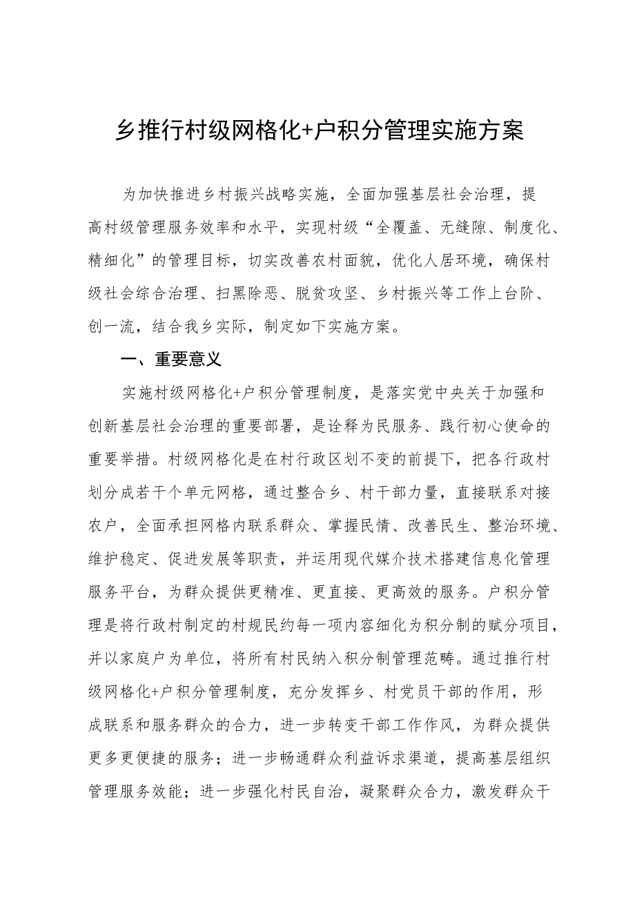 乡推行村级网格化+户积分管理实施方案.docx_第1页